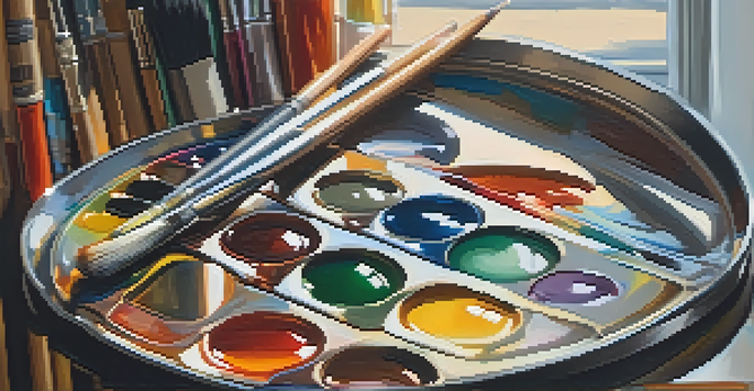 A close-up view of an artist's palette filled with colorful oil paints, with soft light illuminating the paints and creating a glossy effect.