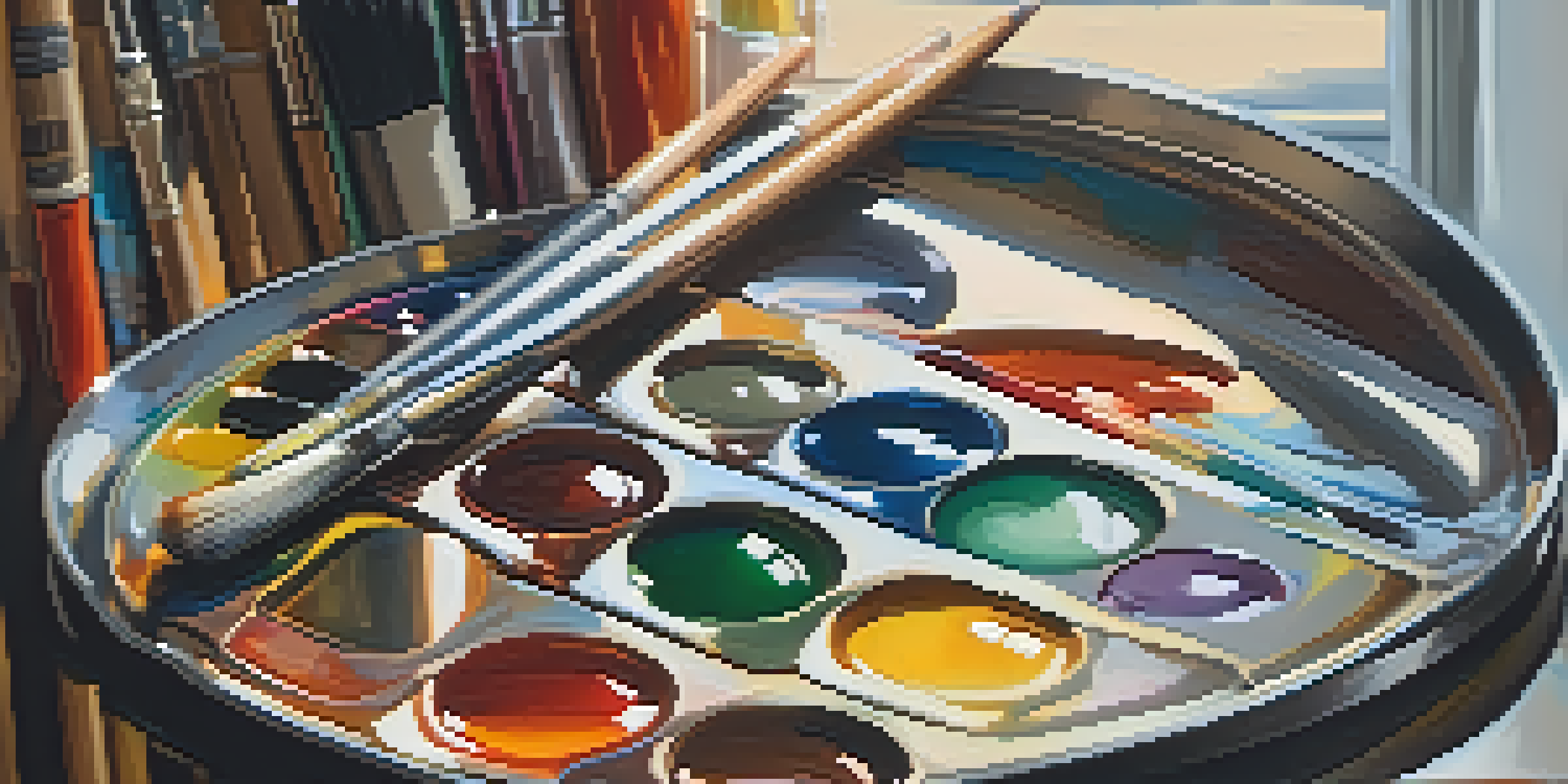 A close-up view of an artist's palette filled with colorful oil paints, with soft light illuminating the paints and creating a glossy effect.