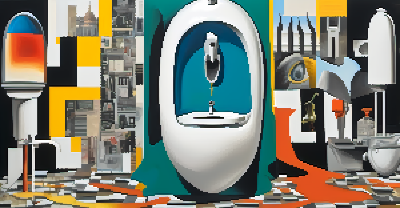 A surreal Dada-inspired collage featuring a urinal as art, surrounded by abstract shapes and colors.
