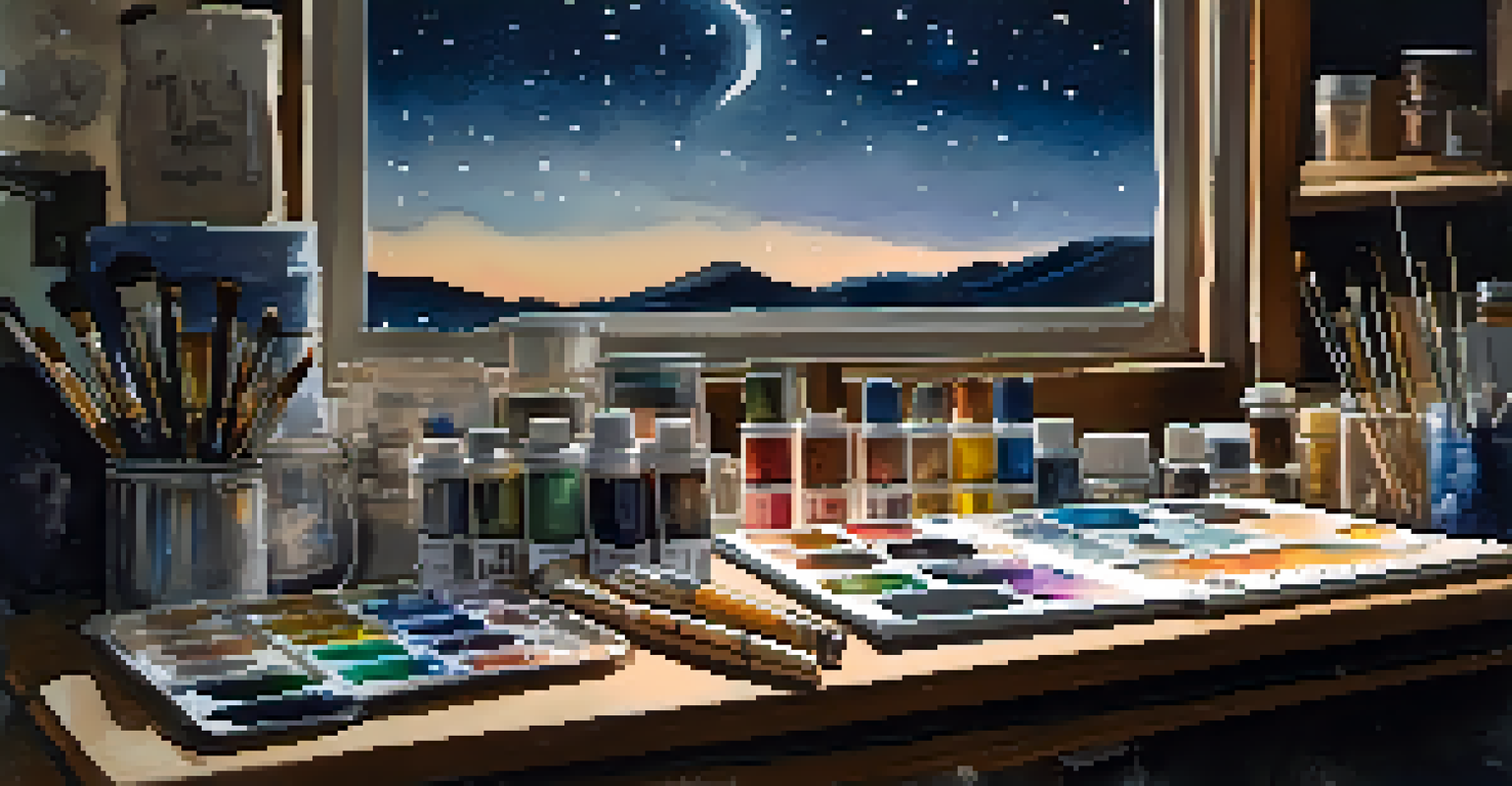An artist's workspace featuring watercolor supplies and a half-finished painting of a starry night with salt sprinkled on it.