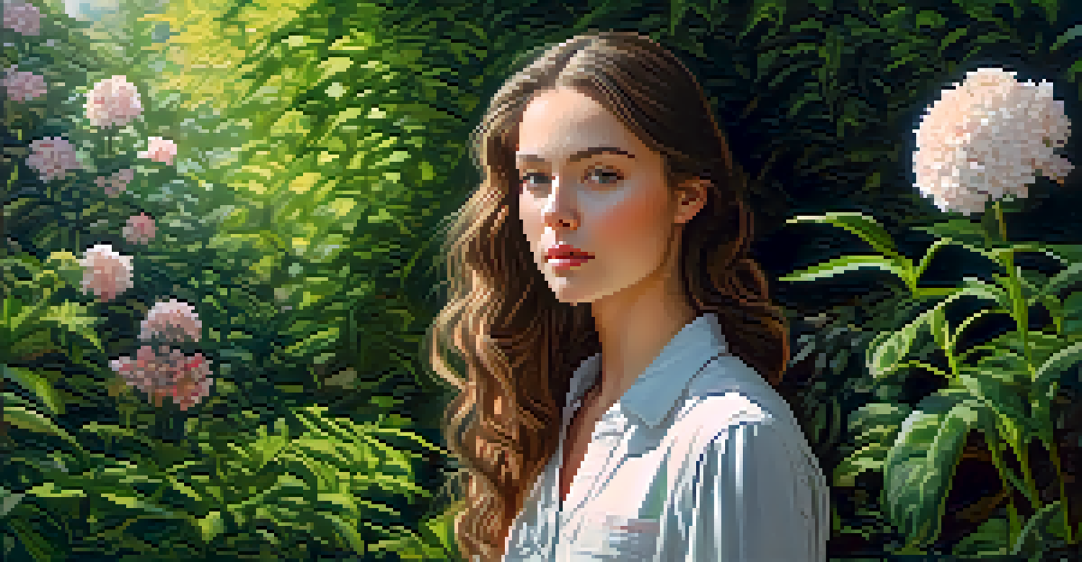A young woman in a garden, framed by vibrant flowers and greenery, with soft sunlight illuminating the scene.