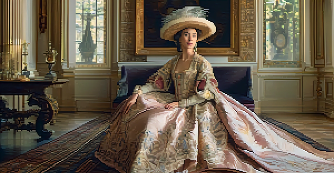 A noblewoman in an elaborate gown seated in an opulent room, illuminated by soft dramatic lighting, with a tapestry in the background.