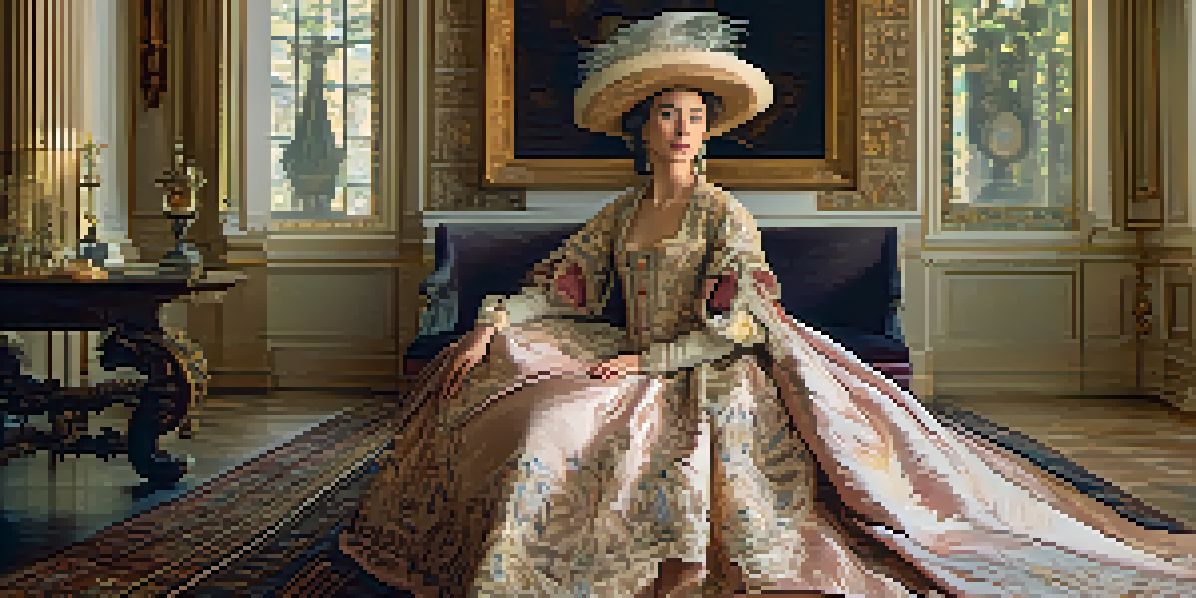 A noblewoman in an elaborate gown seated in an opulent room, illuminated by soft dramatic lighting, with a tapestry in the background.