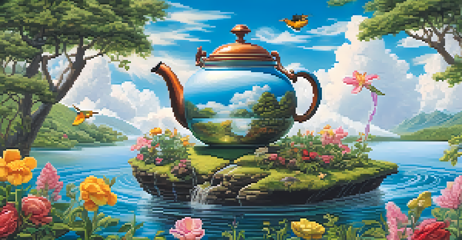 A giant tea kettle pouring tea into a river surrounded by greenery and flowers, with animal-shaped clouds in the sky.