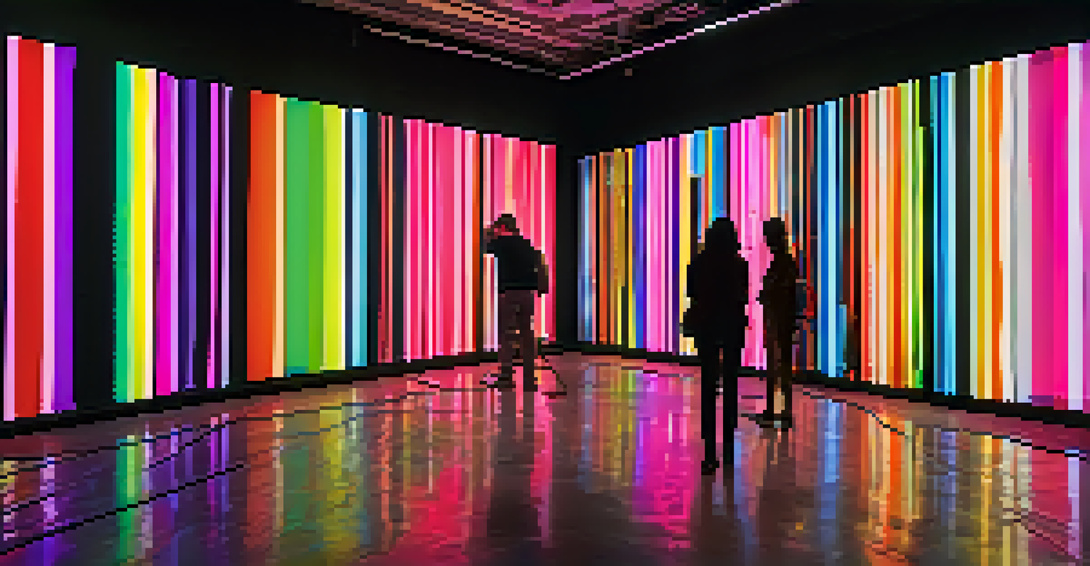 A dark room showcasing a modern art installation with colorful neon lights and visitors interacting with the artwork.