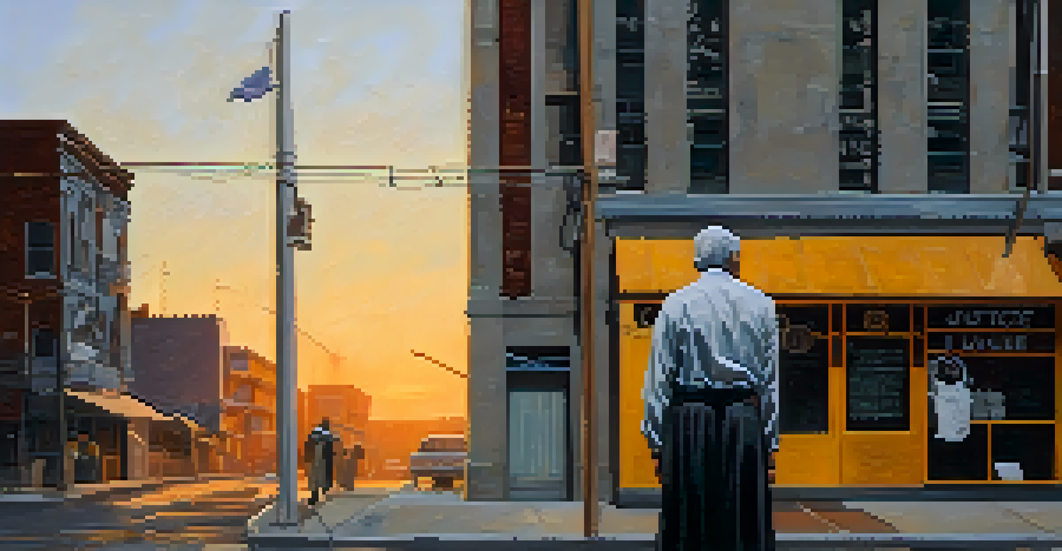 A solitary figure in front of a dilapidated urban backdrop, holding a protest sign that reads 'Justice for All', illuminated by golden hour light.
