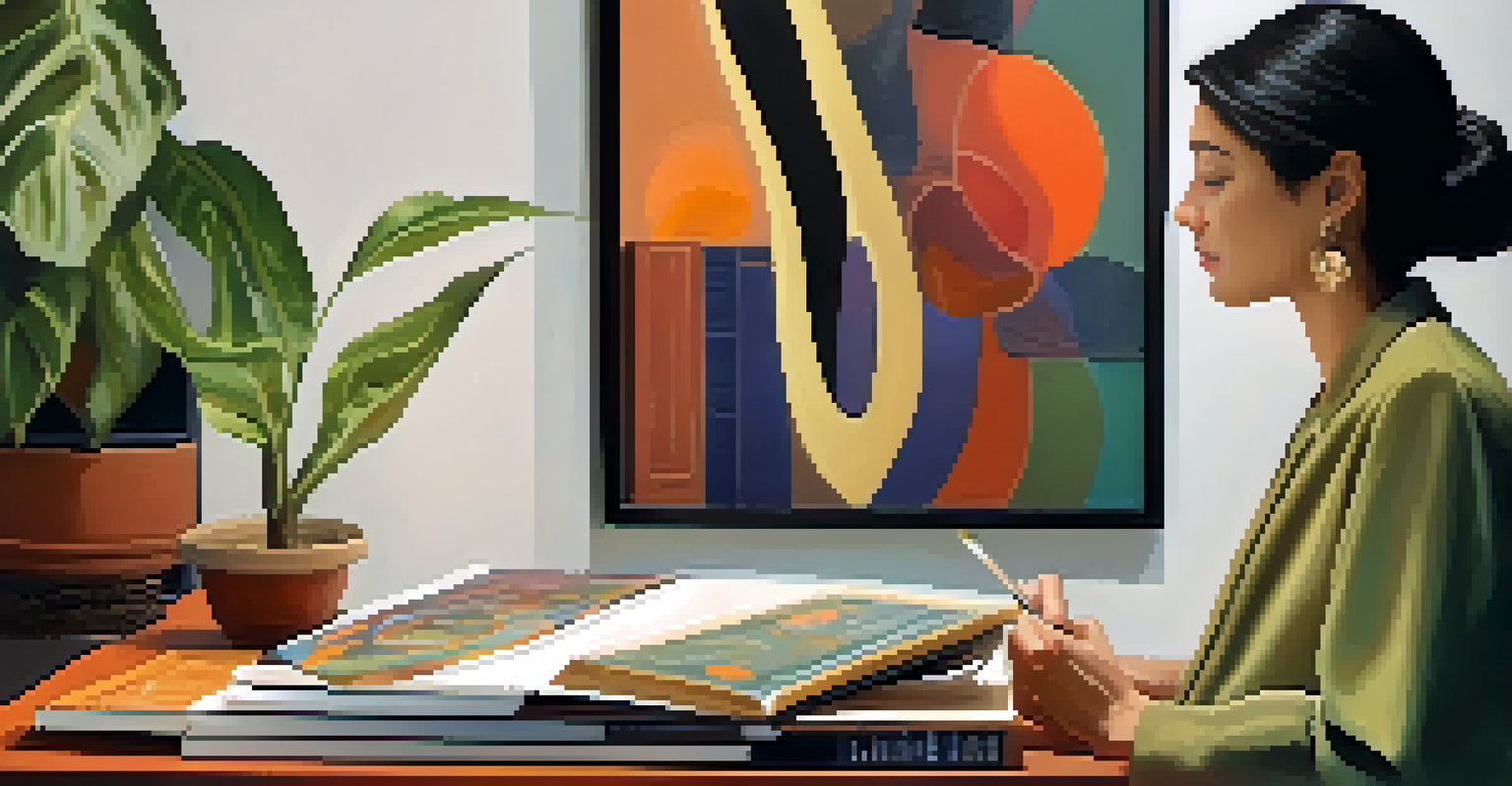 A collector examining a colorful abstract painting in a cozy setting.
