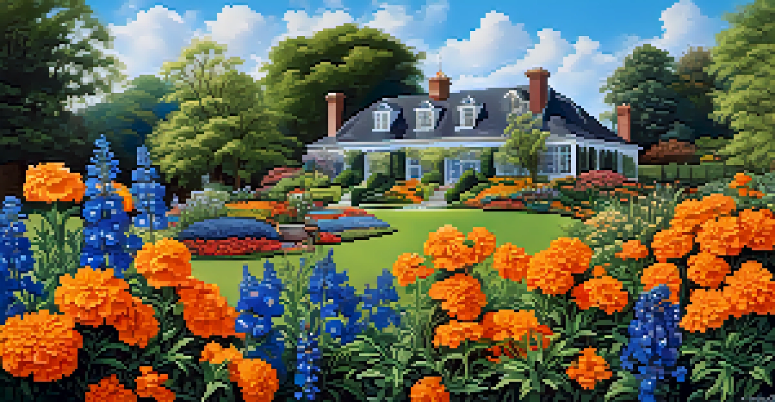 A colorful garden with orange marigolds and blue delphiniums, surrounded by green plants and a clear sky.