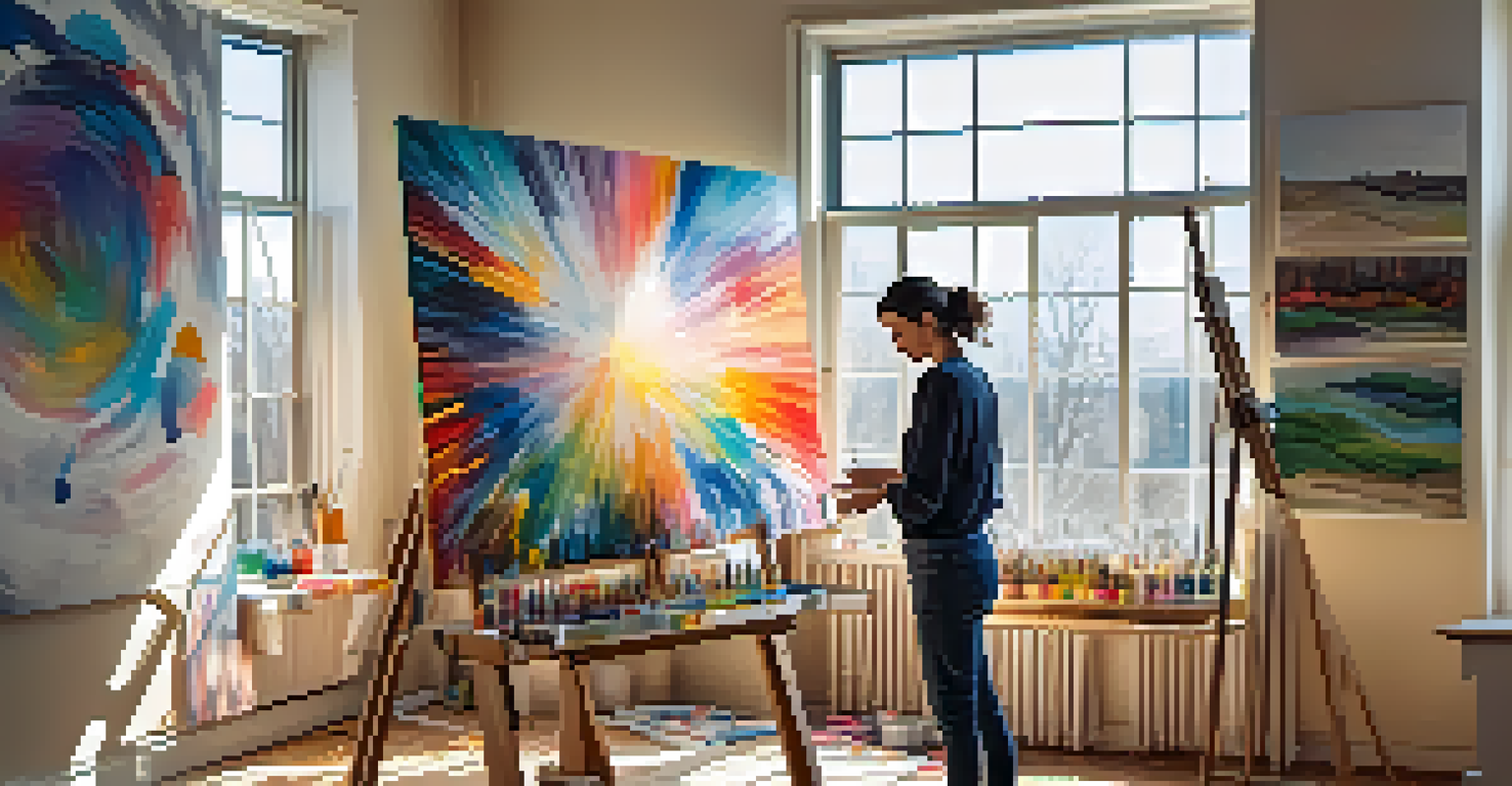 An artist painting in a colorful studio filled with art supplies and a bright canvas.