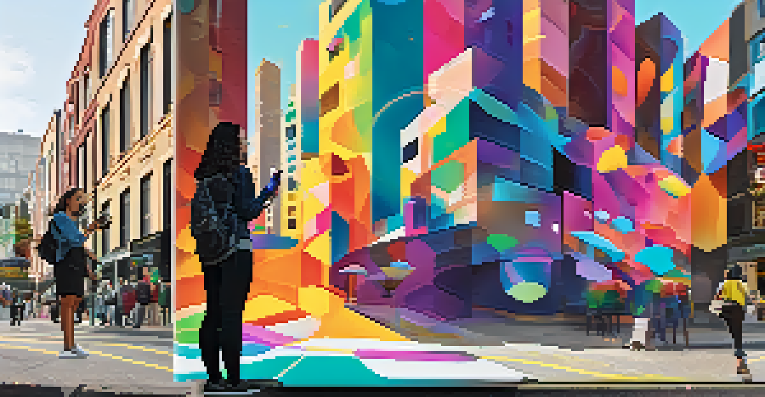 A person interacting with a mural using a smartphone, with animated digital elements visible on the screen.