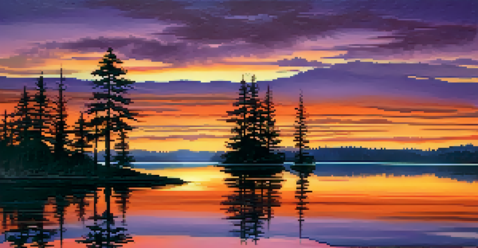 A vibrant sunset over a calm lake, with silhouetted pine trees and colorful reflections in the water.