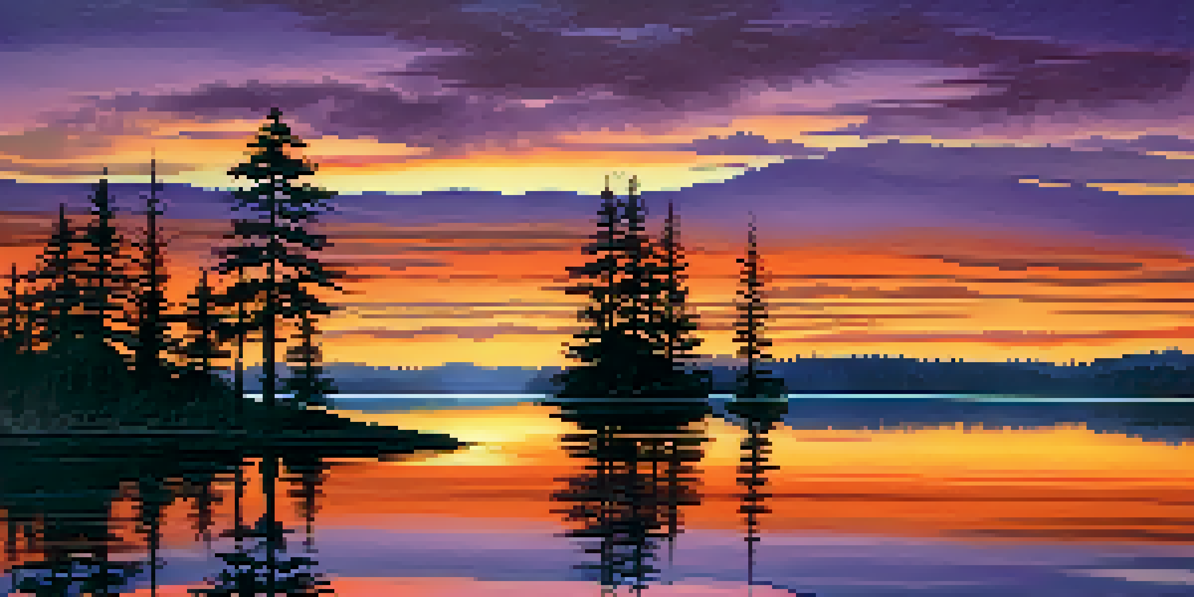 A vibrant sunset over a calm lake, with silhouetted pine trees and colorful reflections in the water.