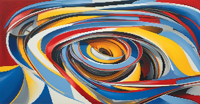 An abstract painting with swirling patterns in blue, red, and yellow representing emotions and complex identities.