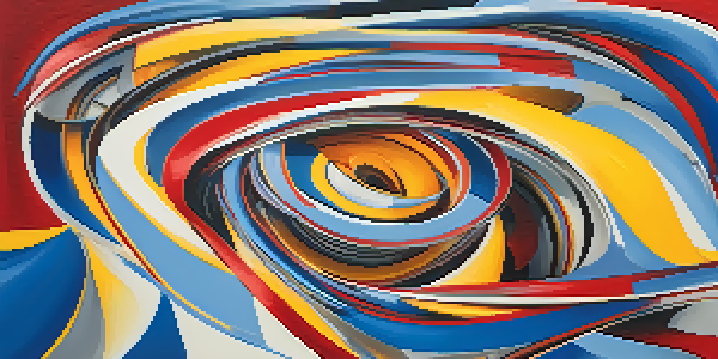 An abstract painting with swirling patterns in blue, red, and yellow representing emotions and complex identities.
