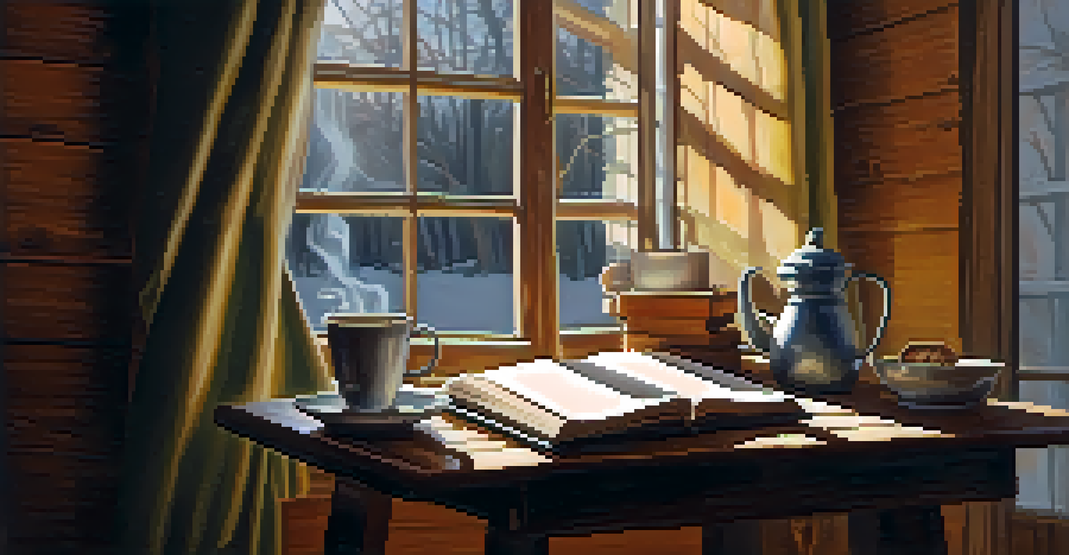 An inviting indoor scene with warm light from a window, featuring a table with a cup of coffee and an open book.