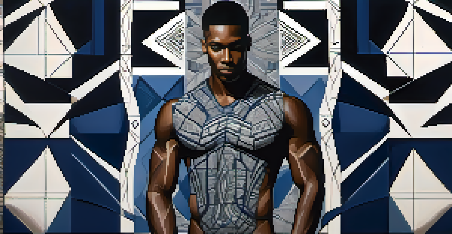 A male figure displaying bold geometric body art, standing proudly in a forest setting.
