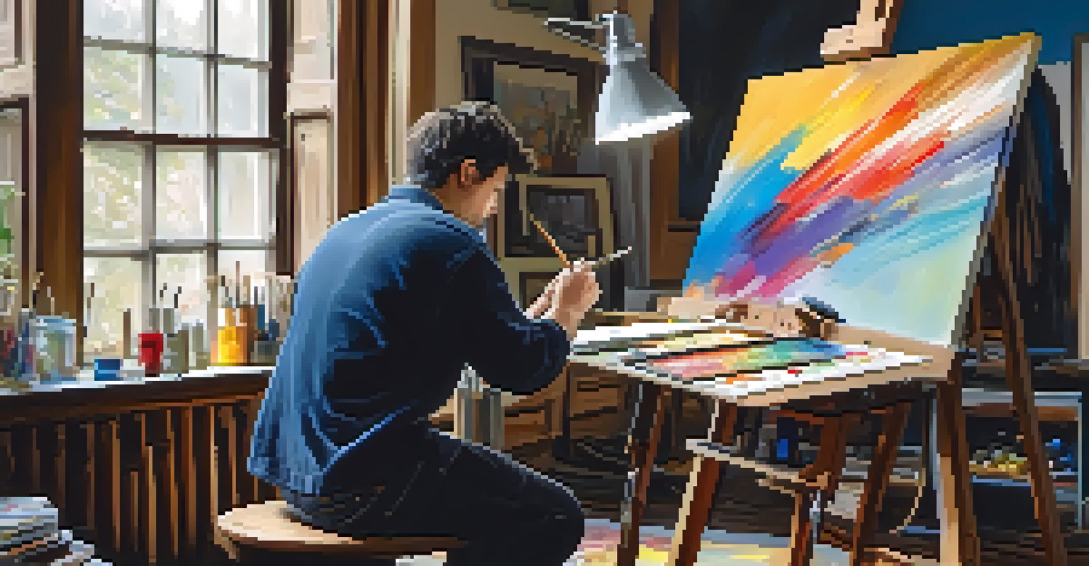 An artist's studio with a painter at work, surrounded by colors and tools for both traditional and digital art.