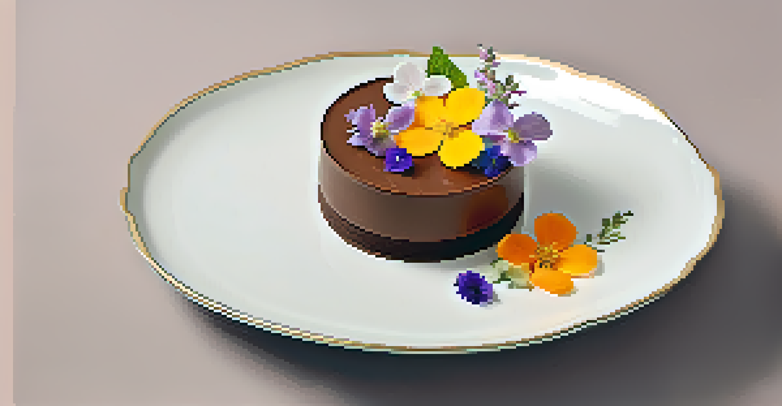 A layered chocolate mousse dessert with a crisp cookie base and edible flowers, presented on a delicate porcelain plate against a minimalist background.
