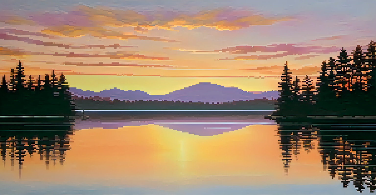 A tranquil sunset over a lake, with warm yellow and orange hues reflected in the water, framed by tree silhouettes.