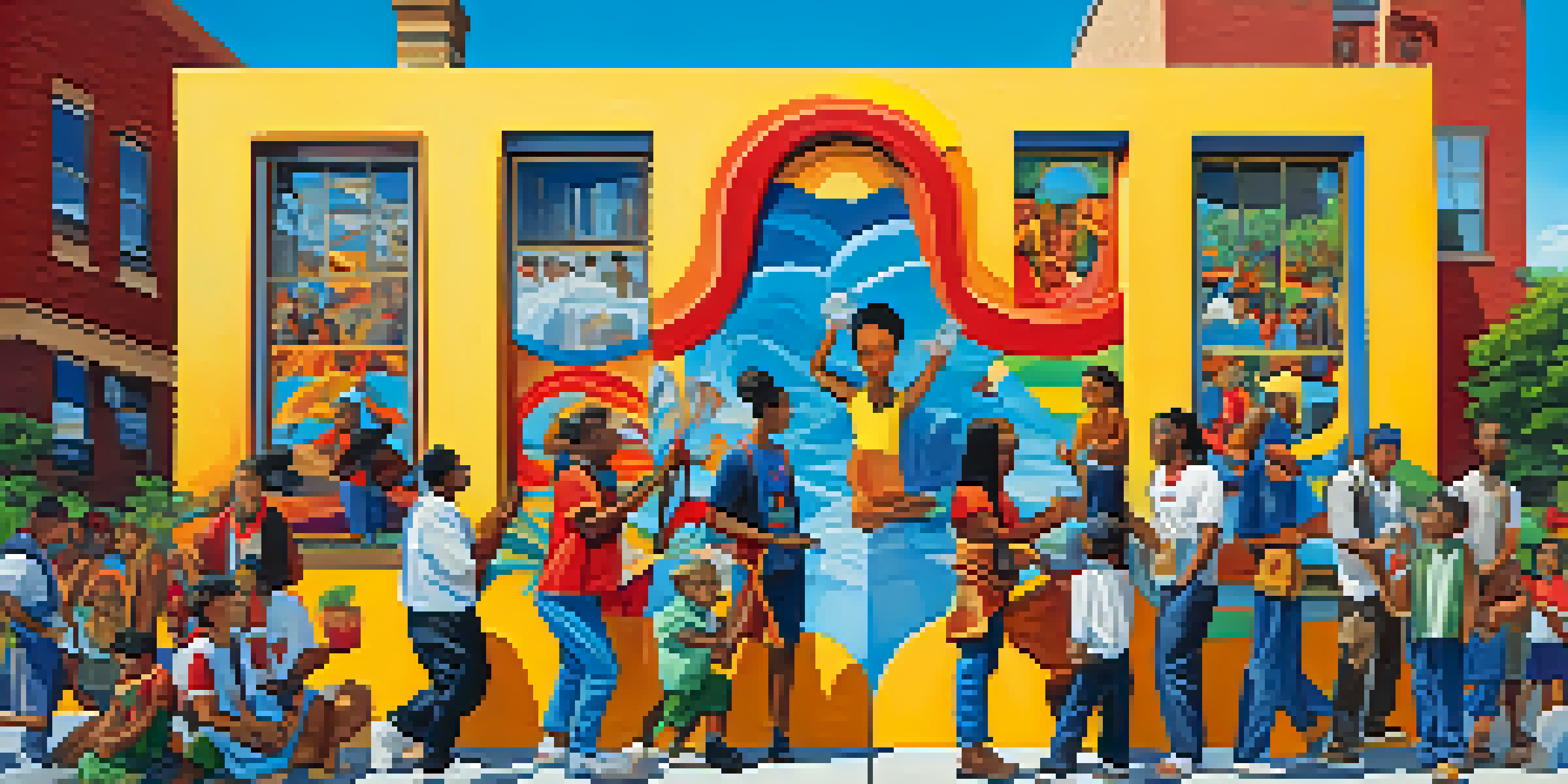 A colorful mural showing a diverse community collaborating on a large artwork in an urban setting, surrounded by greenery and under a clear blue sky.