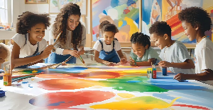 A group of children happily working together on a large mural during an art therapy session, with lots of bright colors and art supplies visible.