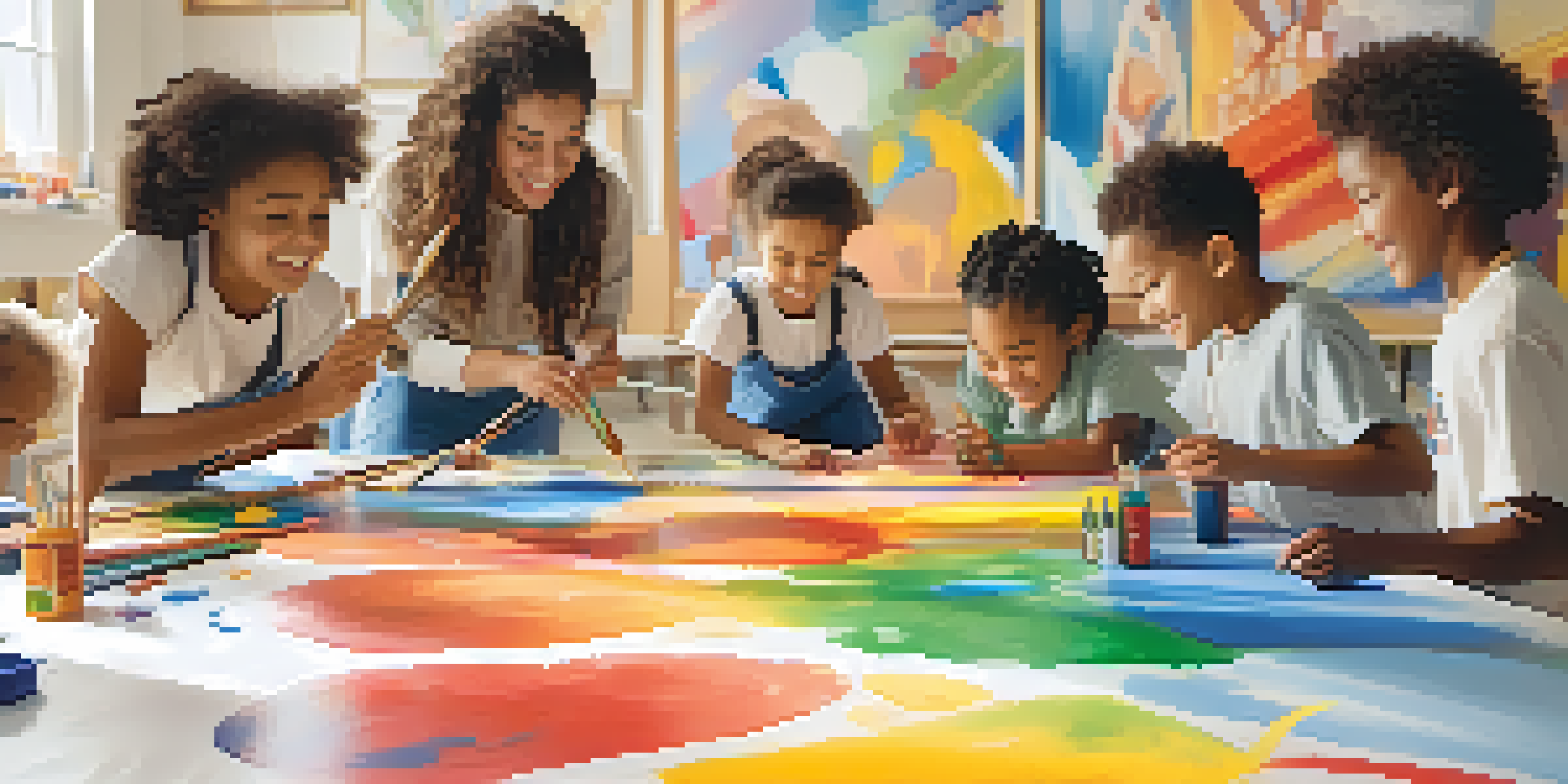 A group of children happily working together on a large mural during an art therapy session, with lots of bright colors and art supplies visible.
