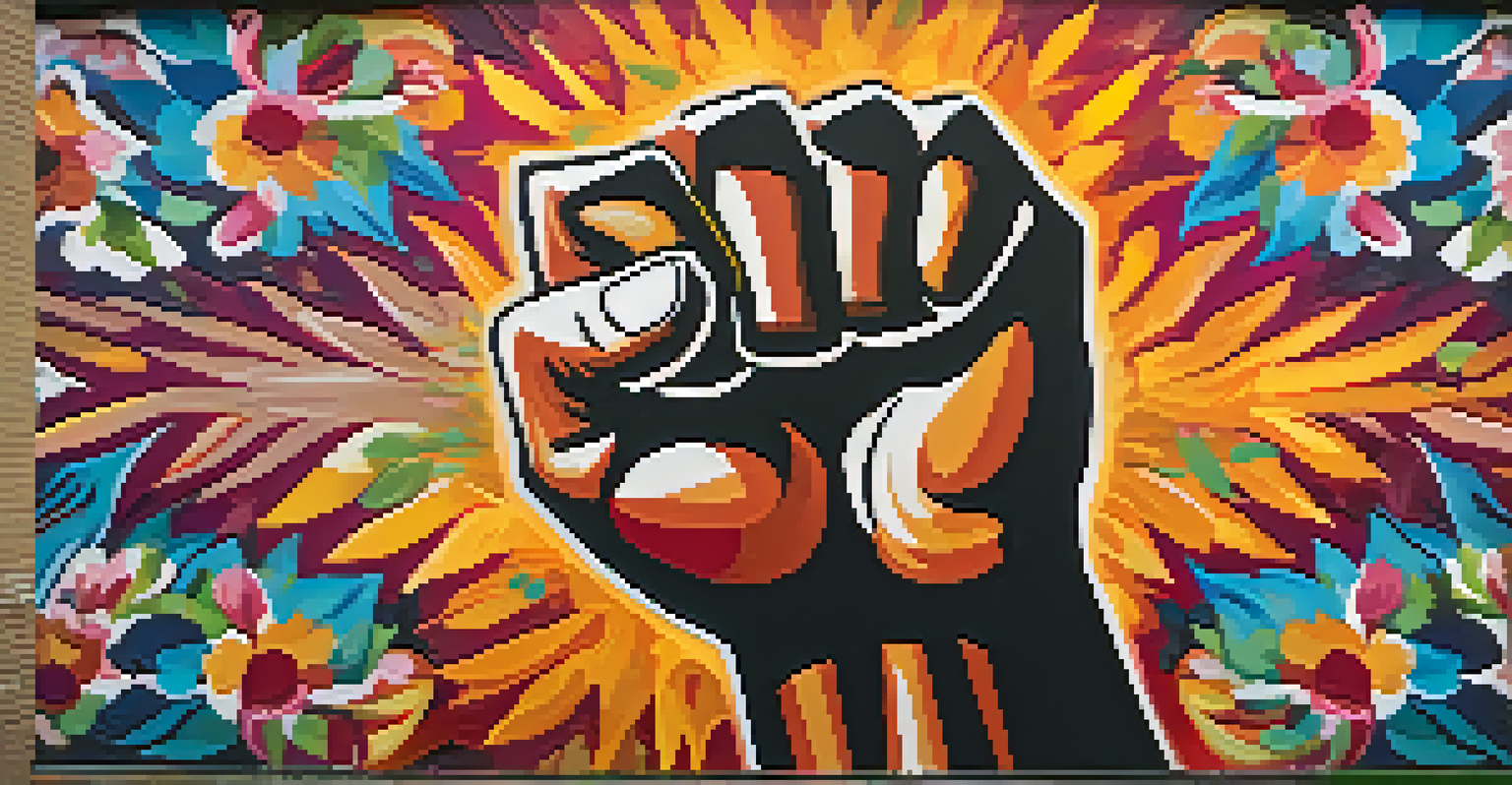 A close-up of a mural showing a raised fist with colorful floral patterns and textures highlighted by sunlight.