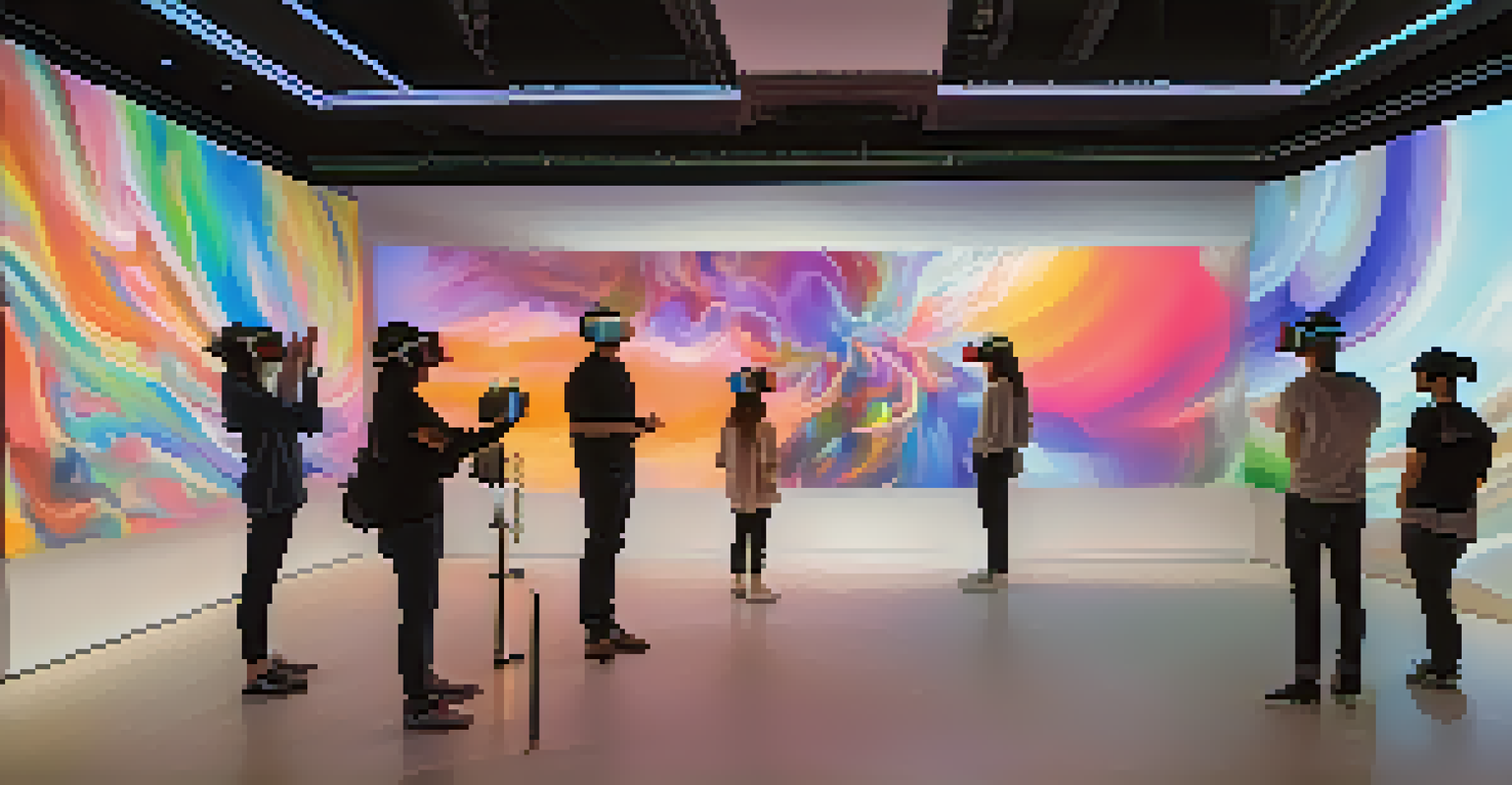 A virtual reality gallery with visitors interacting with dynamic algorithmic paintings in a softly lit environment.