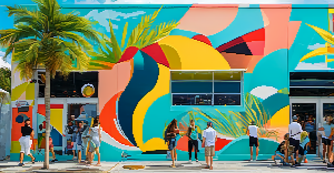 A colorful abstract mural in Wynwood, Miami, with people admiring it amidst a tropical setting.