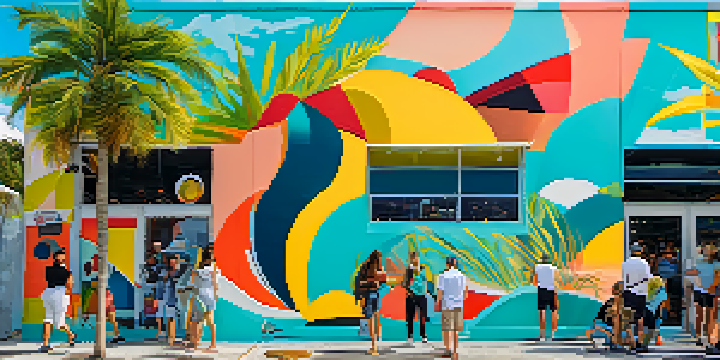 A colorful abstract mural in Wynwood, Miami, with people admiring it amidst a tropical setting.