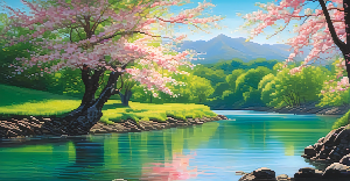 A tranquil river flowing through a lush green forest with sunlight filtering through leaves and a blooming cherry blossom tree on the riverbank.
