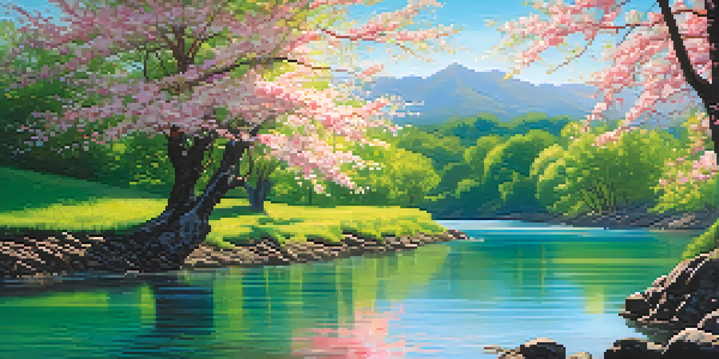 A tranquil river flowing through a lush green forest with sunlight filtering through leaves and a blooming cherry blossom tree on the riverbank.