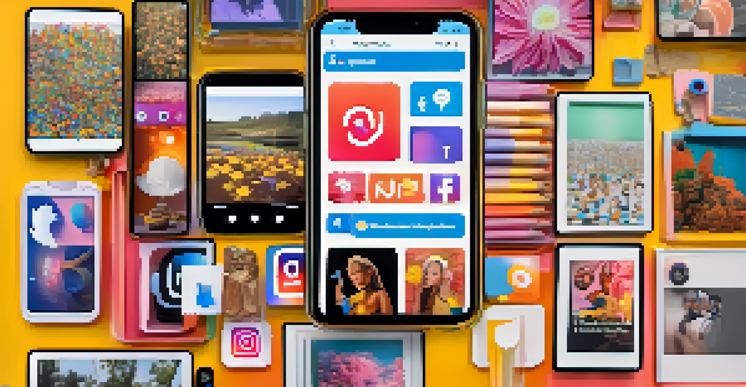 A smartphone displaying a colorful social media feed of an artist with various artworks and engaging posts.