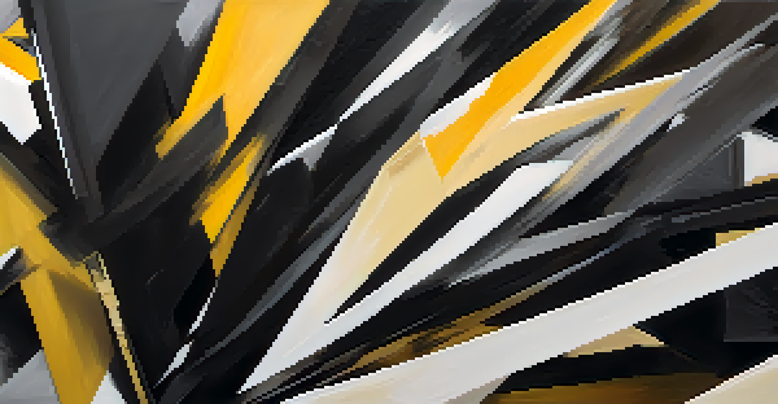 An abstract composition with contrasting dark and light elements, featuring jagged black shapes and soft whites and yellows, conveying a narrative of turmoil and hope.