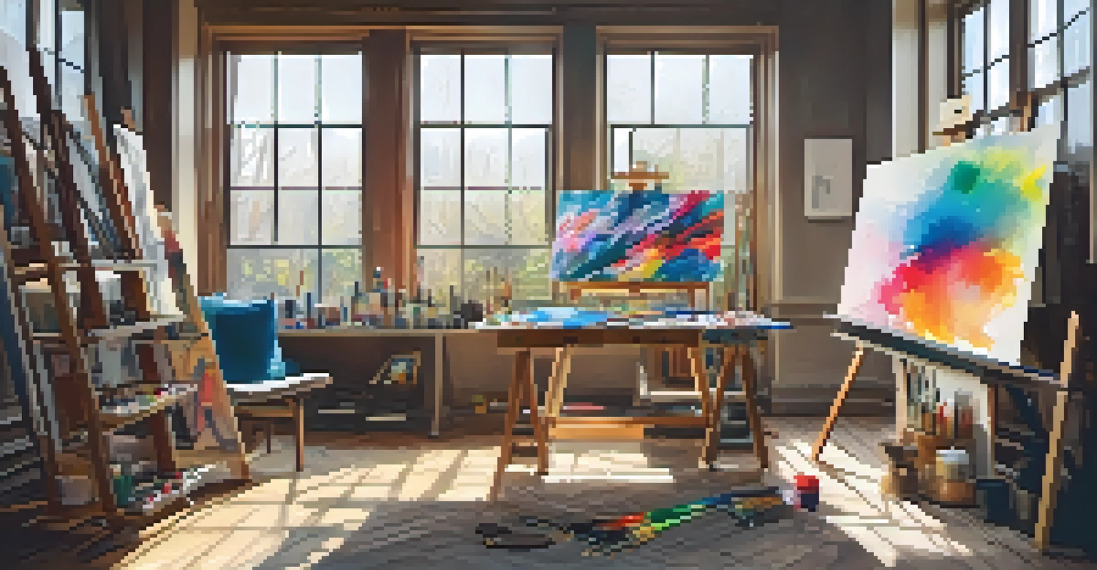 An artist's studio with a large canvas, paint tubes, brushes, and a digital tablet.