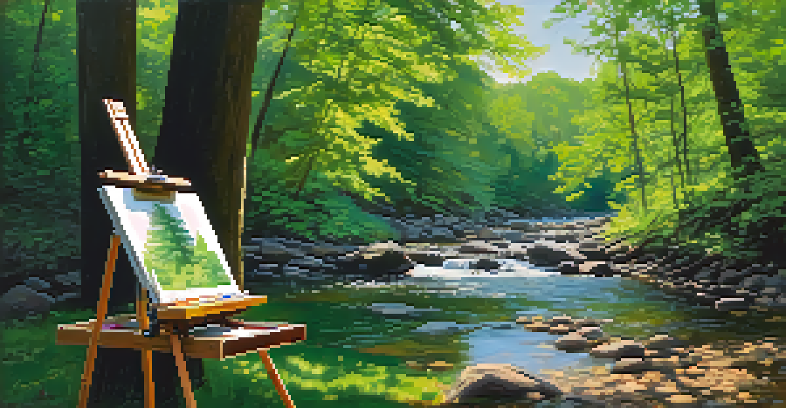 A plein air painting of a green forest with sunlight filtering through the leaves and a stream in the scene.