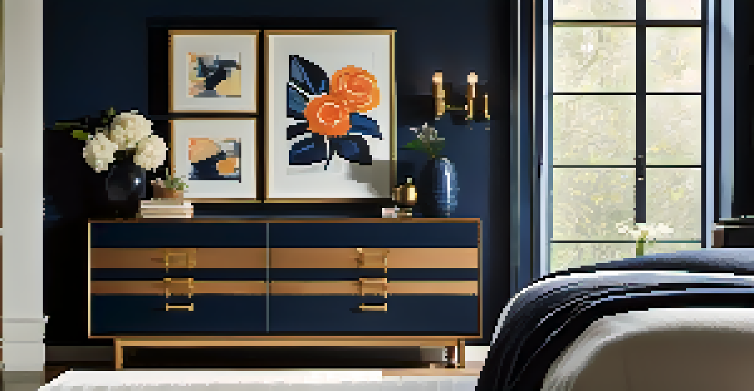 A modern bedroom featuring a navy blue painted dresser with decorative items and warm lighting.