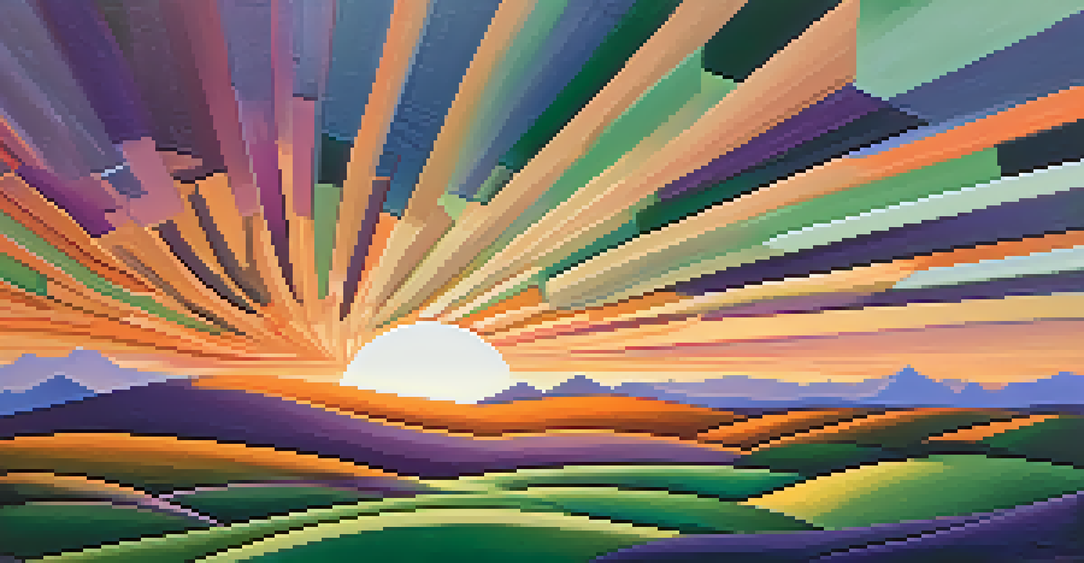 An abstract landscape with rolling hills and a sunset, featuring geometric shapes and colors transitioning from greens to oranges and purples, illuminated by soft light.