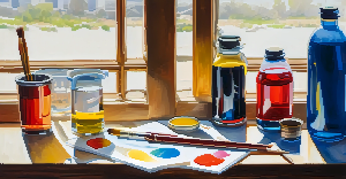 A still life arrangement of gouache paints, brushes, and a sketchbook illuminated by natural light.
