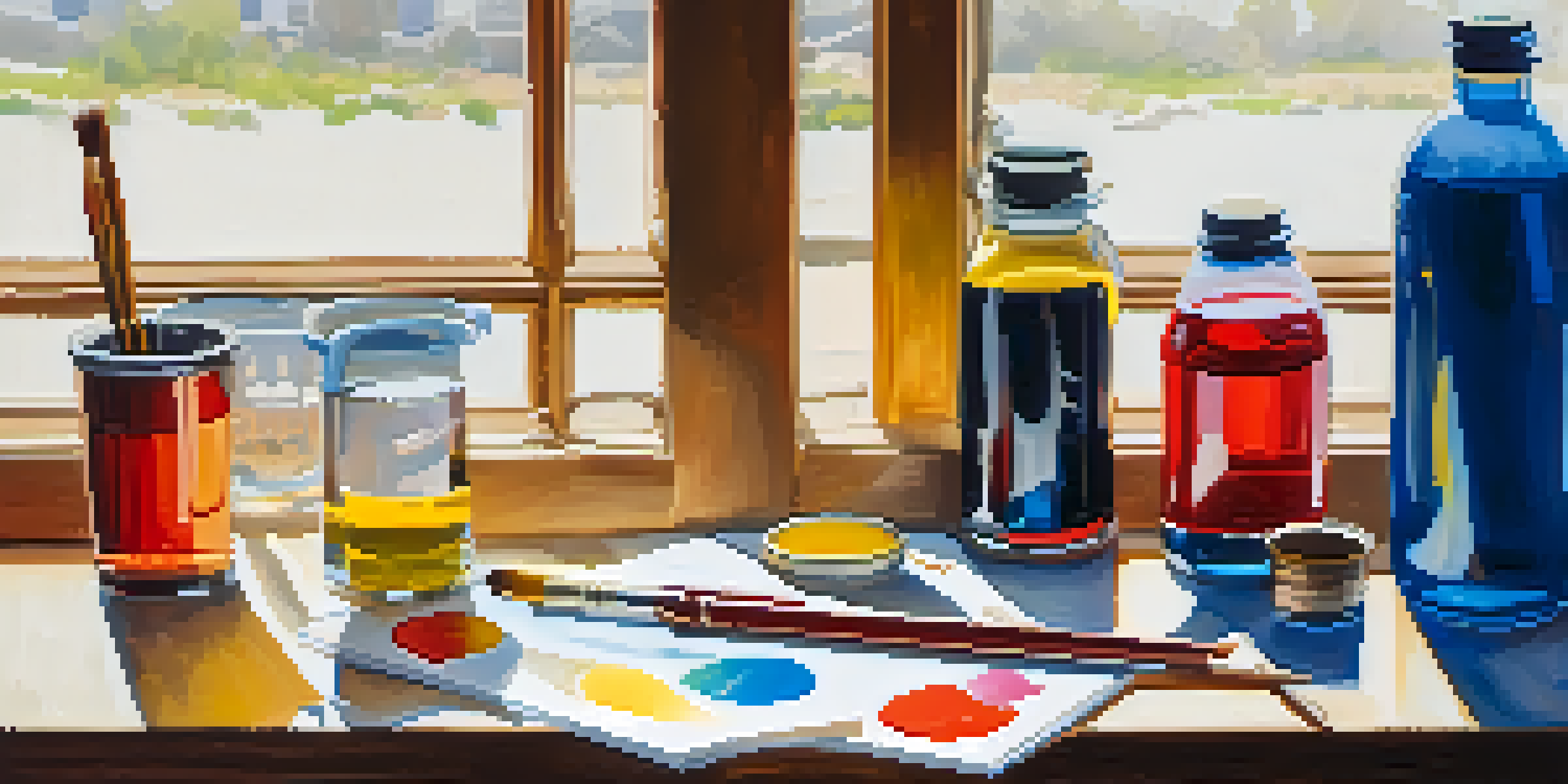 A still life arrangement of gouache paints, brushes, and a sketchbook illuminated by natural light.