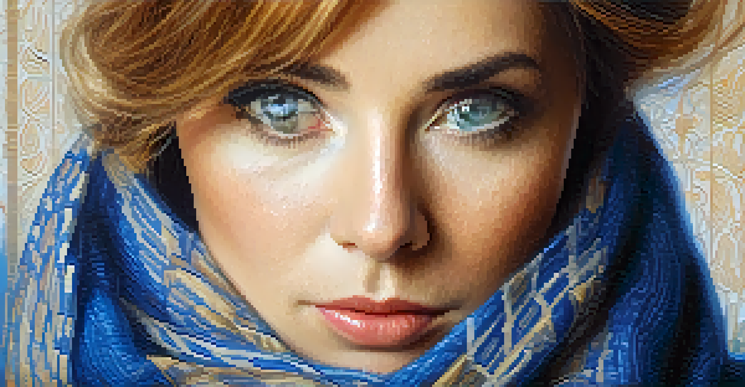 A close-up portrait of a woman with blue eyes and a textured scarf, illuminated by warm golden light.
