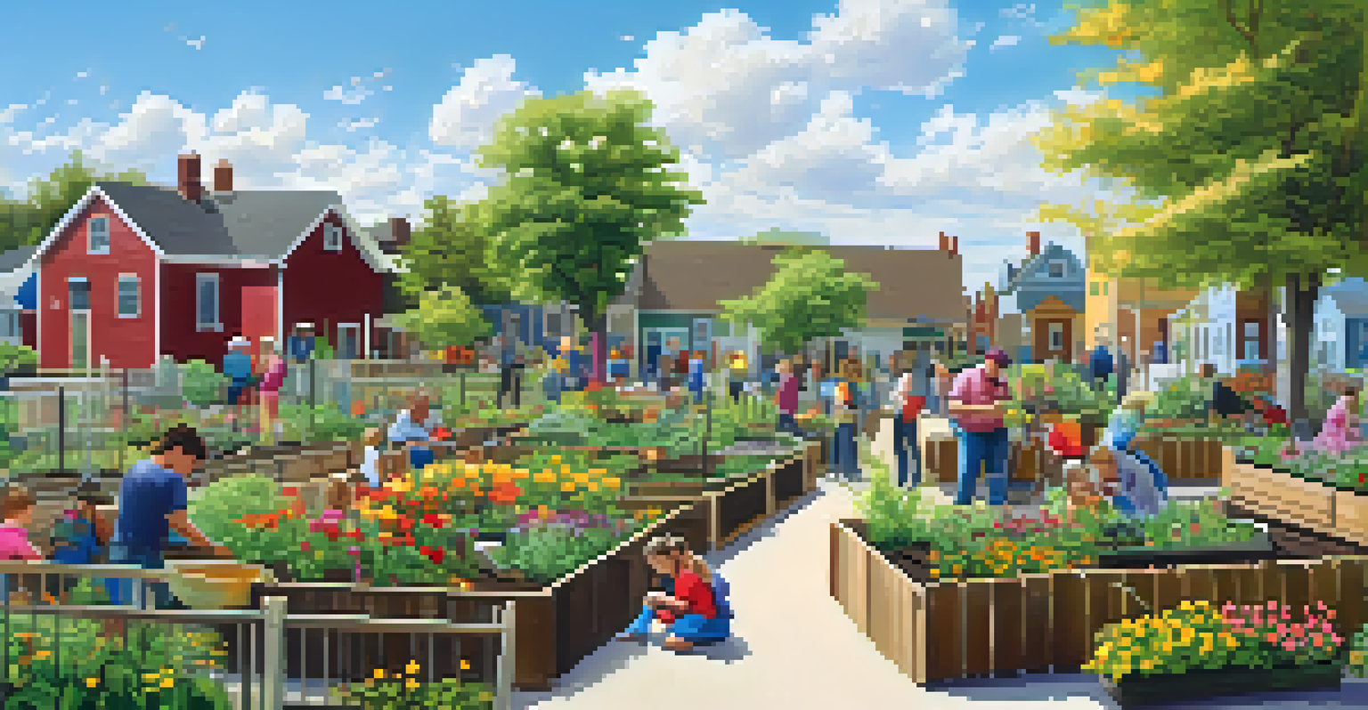 A community garden featuring painted fences and flowerbeds, with people planting and enjoying the outdoors.