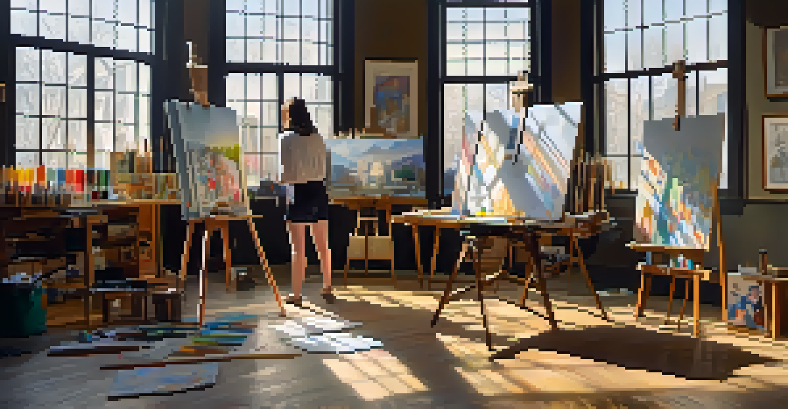 An artist's workshop in a gallery with easels and colorful artworks, illuminated by sunlight streaming through large windows.