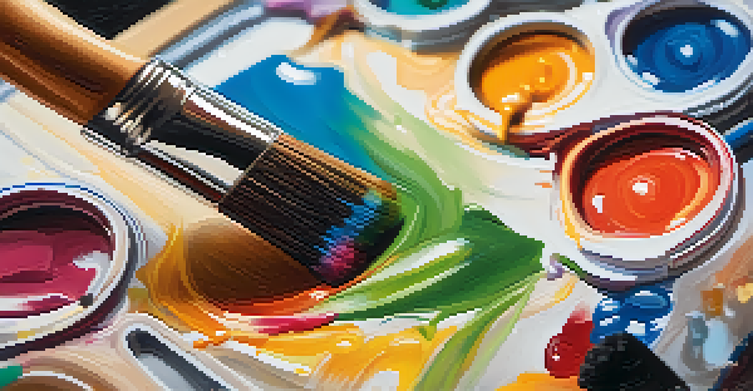 A close-up of a hand holding a paintbrush over a colorful canvas, with blurred artists in the background.