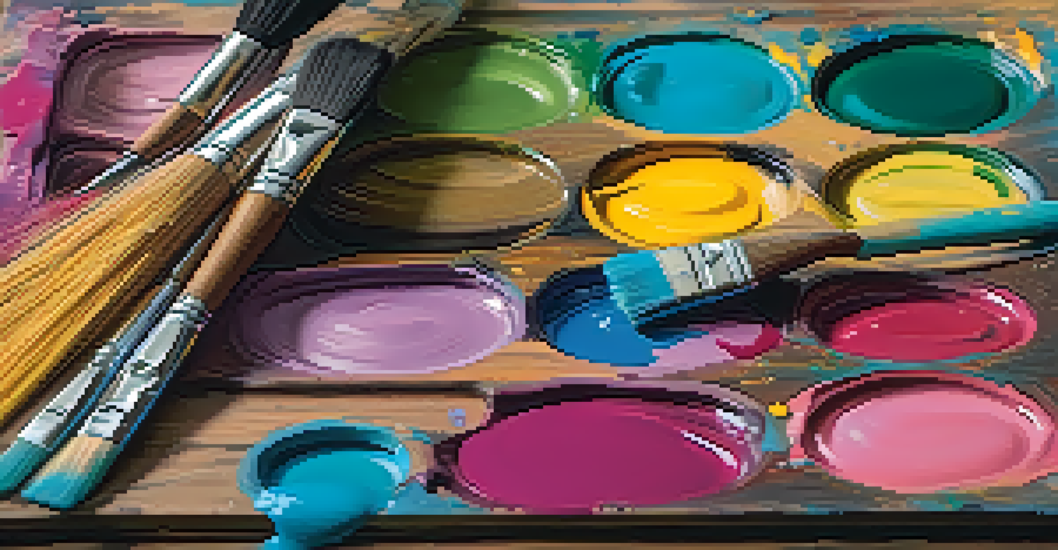 An artist's palette with vibrant paints and brushes, showcasing mixed colors.