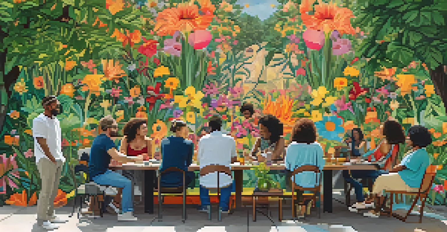 A diverse group of artists collaborating on a mural in a lush outdoor setting, showcasing vibrant cultural designs.
