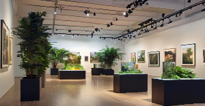 An art exhibition space with various artworks on the walls, warm lighting, modern display stands, and seating surrounded by green plants.