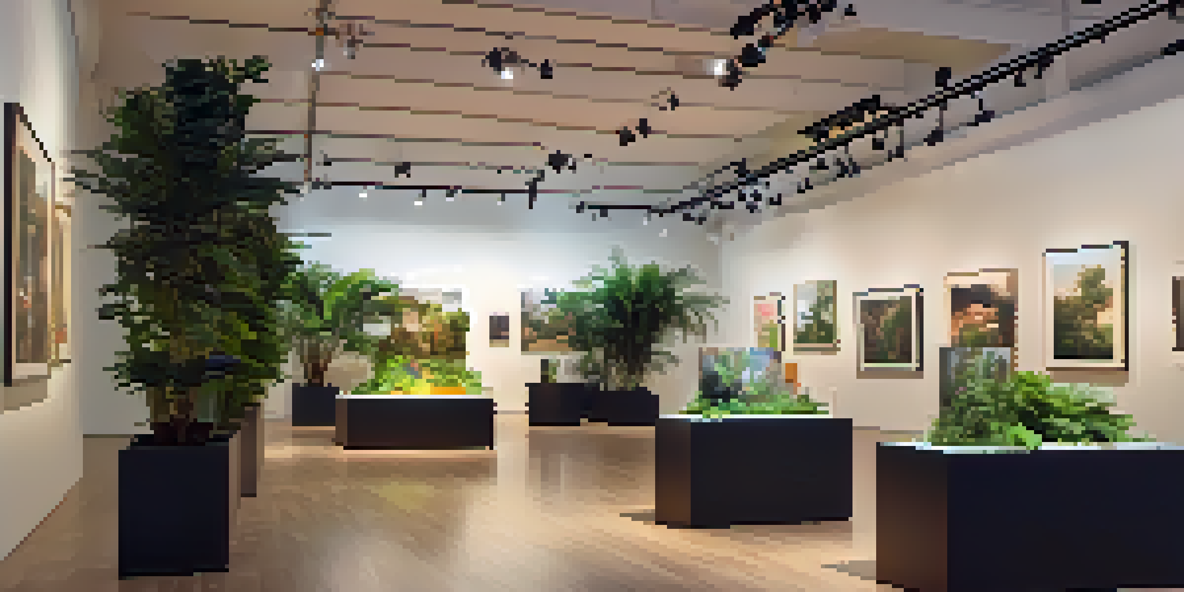 An art exhibition space with various artworks on the walls, warm lighting, modern display stands, and seating surrounded by green plants.