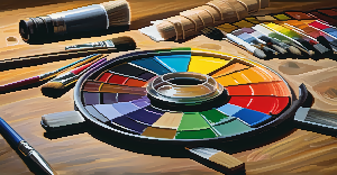 A color wheel on a wooden palette with paint tubes and brushes around it, showcasing various colors.