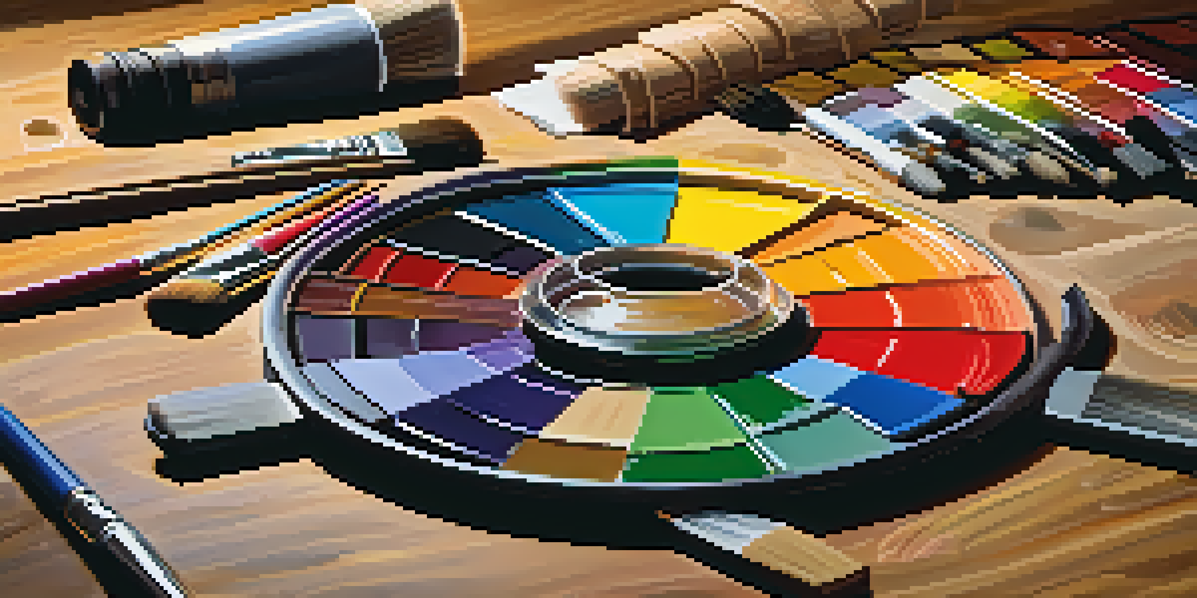 A color wheel on a wooden palette with paint tubes and brushes around it, showcasing various colors.
